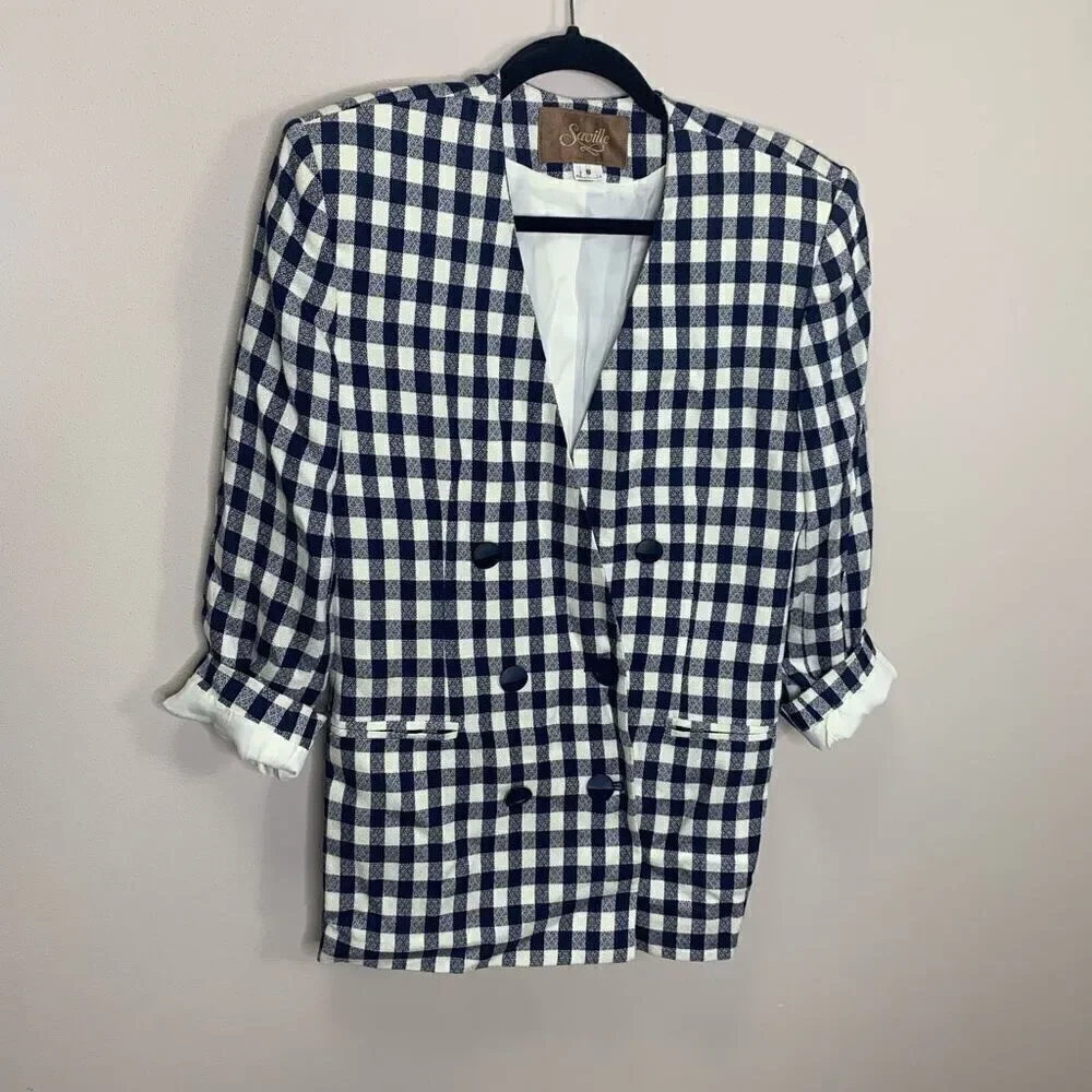 Saville Vintage double breast blazer jacket navy white gingham size 8 (J1)